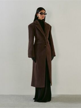 Long Brown Textured Wool Coat - Elegant Single-Breasted Design